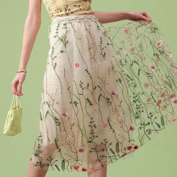 RIHOAS Dresses & Skirts - The High Waisted Floral Embroidery A-line Midi Skirt